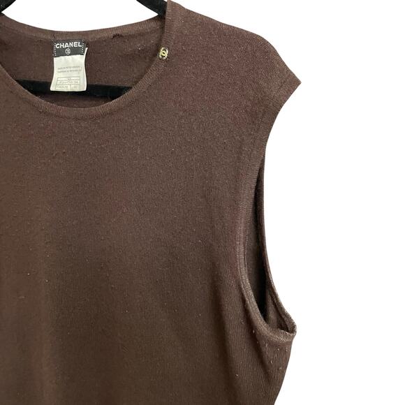 Vintage Chanel Pure Cashmere Dark Brown Rhinestone Logo Tank 48 / US 16 AS IS - Picture 8 of 13